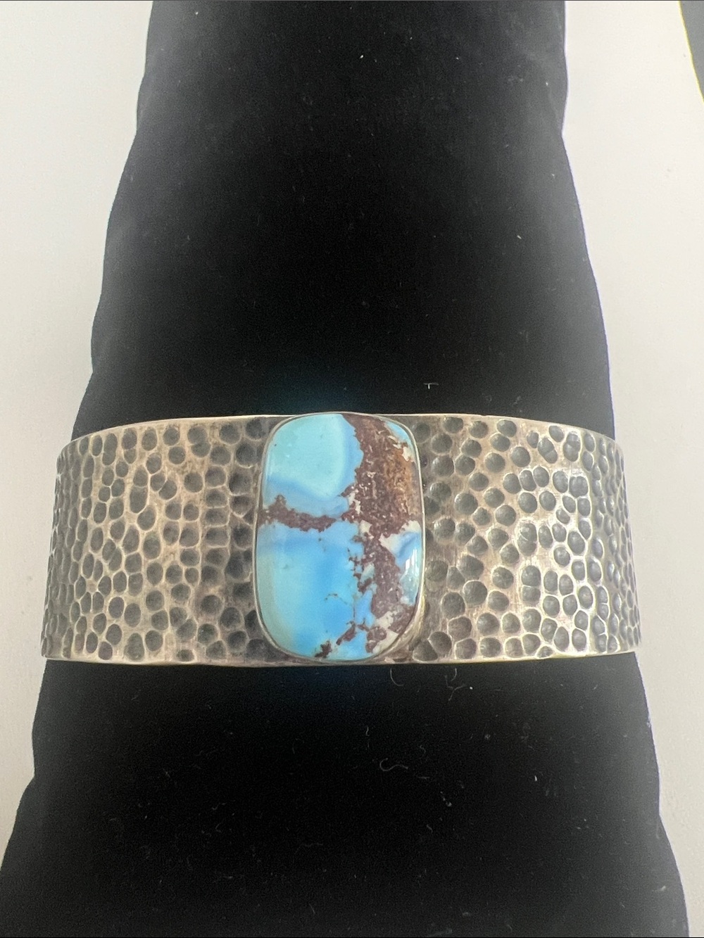 Sterling silver Hammered Cuff Bracelet with golden hills Turquoise Stone - Blue